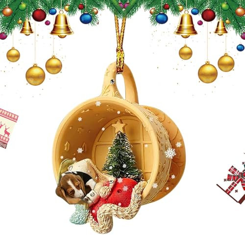 Generic Decorazione per albero di Natale a forma di bassotto, in acrilico 2D, con ciondolo a forma di bassotto, tazza da tè, decorazione per interni auto, per riunioni di Natale