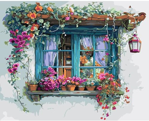 JATOK Malen Nach Zahlen Erwachsene, Paint by Numbers Malen Nach Zahlen, DIY Fenster mit Pinseln und Acrylfarben Handgemalt Ölgemälde Leinwand für Home Decor, Ohne Rahmen (40x50cm)