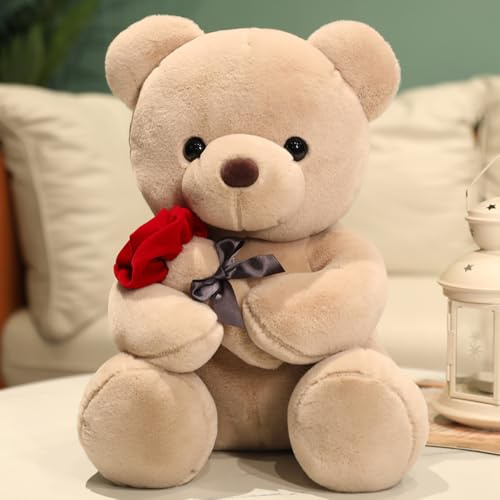 Annco Cute Teddy Bear Plush Toys With Rose Flower Valentines Day Teddy Stuffed Animal Gift for Valentine's Day Christmas Anniversaries (Brown, 25cm(9.8))