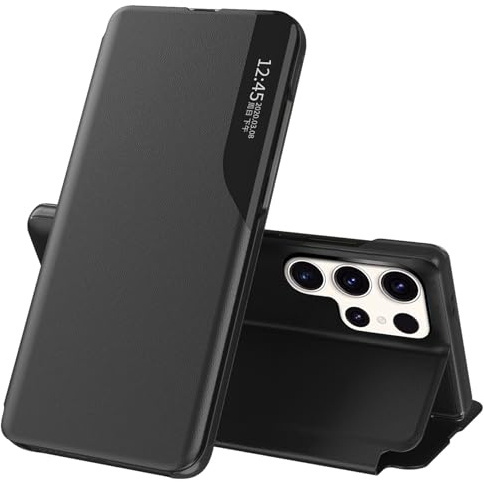 Handyhülle für Samsung Galaxy S25 Ultra Hülle Clear View Klappbar Leder Flip Klapphülle für Samsung S25 Ultra Case mit Ständer ​​​​Stoßfest Kratzfest Schutzhülle Galaxy S25 Ultra 5G Hülle (Schwarz)