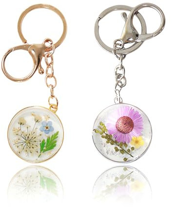 Gepresste Blume Schlüsselanhänger, 2 stück Getrocknete gepresste Blumen Schlüsselanhänger, handgemachter Schlüsselanhänger, Blume Schlüsselring mit Vergissmeinnicht und Gänseblümchen