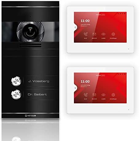 Metzler VDM10 2.0 Video Sprechanlage Komplett Set mit Laser Gravur Namensschild - Anschluss LAN/POE - Türsprechanlage mit HD-Kamera und Bildschirm für 2 Familienhaus, in Schwarz aus V2A Edelstahl