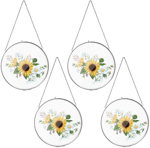 4 Inch 4 Pcs Pressed Flower Frames Double Glass Frame Wall Decor, Black | Craft Kit for Adults & Women, Round Hanging Wall Decor, Floating Art Project, Clear DIY Vintage Artwork Display Holder