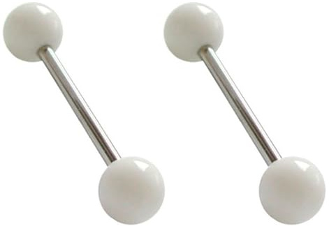 DENI 2 Zungenpiercing mit 2 weißen Kugeln, antiallergisches Material, Länge 16 mm und Dicke 1,6 mm.