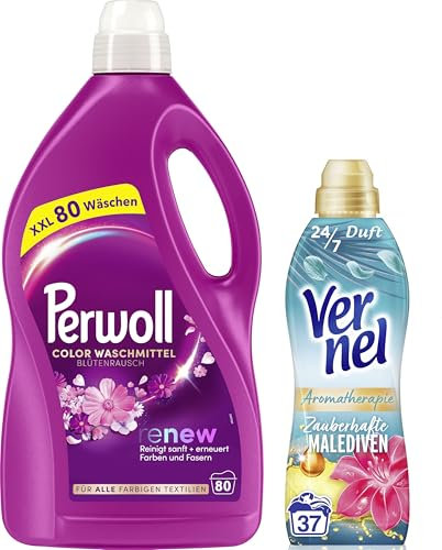 PERWOLL Blütenrausch Waschmittel (80 WL) - Feinwaschmittel reinigt sanft und erneuert farbige Textilien, mit Dreifach-Renew-Technologie & VERNEL Aromatherapie Zauberhafte Malediven Weichspüler (37 WL)