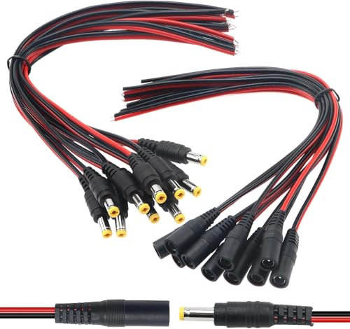Duluok - Lote de 10 pares de 5,5 x 2,1 mm DC alimentación Pigtail Cables, 27 cm Pigtail Cables de alimentación Núcleo de cobre puro DC 12 V 2 A Conectores macho y hembra para seguridad en el hogar
