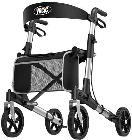 VOCIC Rollator Faltbar und Leicht mit Sitz, Rollatoren Schmal für Wohnung Klappbar Aluminium Gehhilfe für Senioren, wiegt nur 7.8kg, Kaufen Walker Für Alle Terrains, 5 Jahre Support | Sternensilber