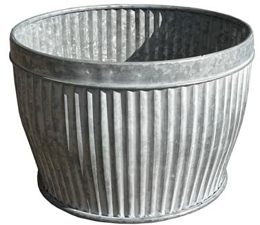 Alfie Francis 36.5cm DIA x 25cm H Large Galvanised Metal Garden Planter Outdoor Plant Pot Vintage Ribbed Barrel Tub Decoration