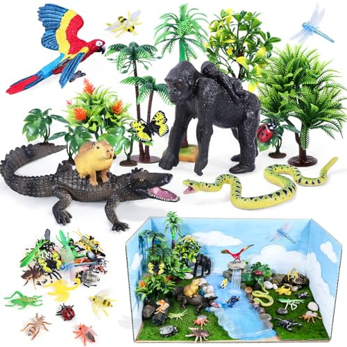 SIENON 39Pcs Realistic Rainforest Animal Figures Toys Diorama Playset | Rain Forest Jungle Animals Model with Gorilla Parrot Crocodile Capybara Tree for Kids School Project Birthday Gift Decoration