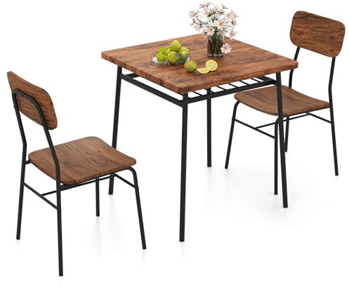 COSTWAY Bartisch Set 3-teilig, Esstisch mit 2 Stühlen, Kleine Essgruppe mit Ablageregal & Metallrahmen, Küchenbar Sitzgruppe, Küchentisch für Küche, Esszimmer und Bistro