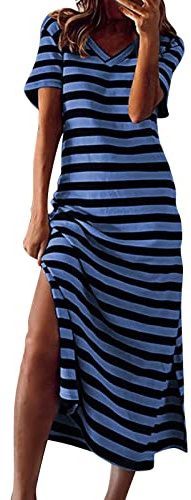 Nuoke Robe Maxi à Rayures pour Femmes à Manches Courtes col en V décontracté Ample Longue Plage Robes Fendues Robe Bleue Marine