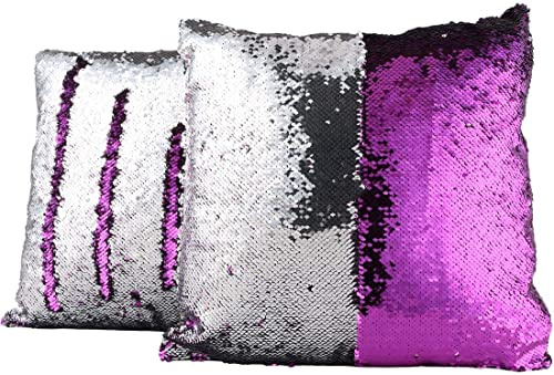 Jungengel 4er Set Pailletten Kissenbezüge 40x40 cm – Bi-Color Glitzerkissen – Dekokissen für Sofa & Bett (Silber & Lila)