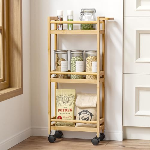 Skokliz Bamboo 3-Tier Trolley, Space-Saving Kitchen Cart with Lockable Castors, Drink Cart Serving Trolley Island Cart Storage Shelving Organizer for Small Spaces, Kitchen Bathroom Living Room