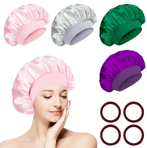 Flintronic 4 Pezzi Donna Berretto Da Notte Raso, Cuffia da Bagno Elastica per Donne, Cuffia Seta Capelli Ricci, Dormire in Raso Morbido e Confortevole