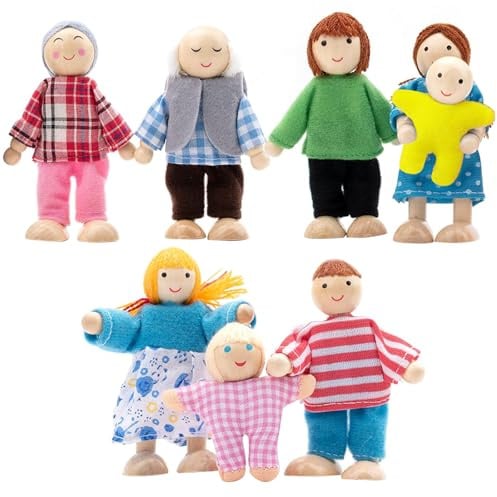 APRRMLIZW Biegepuppen Puppenhaus Puppenfamilie Set, Holz 8 Personen Figuren Puppen Spielset Hölzernes Puppenhaus Set Mit Familie Spielzeug Mini Puppenfamilie Für Puppenhaus Zubehör Holz Geschenk