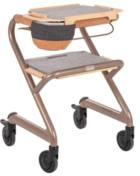 Saljol Wohnraumrollator in Vollausstattung, Helfer für den Wohnbereich mit Tablett und Sitz, Indoor Rollator, wendig, stabil, mobiler Handlauf, Sitzhöhe 50 cm, Champagne Gold