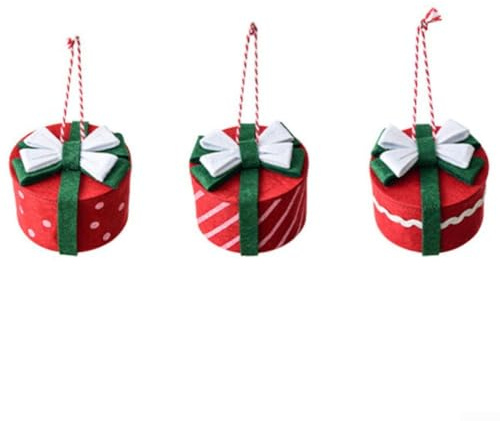 Mini-Weihnachtsgeschenkbox-Ornamente für Baumdekoration, hergestellt aus Vliesstoffen mit Wellpappe, Punkten und Köpermustern, 3 Stück