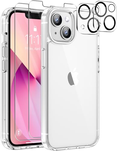 Guisessy für iPhone 13 Hülle, Anti-Yellowing, Transparent | Mit 2 Stück Kameraschutz und 2 Stück Schutzfolie, PC Kratzresistente Rückseite, Schutz Stoßfest Kratzfest Handyhülle