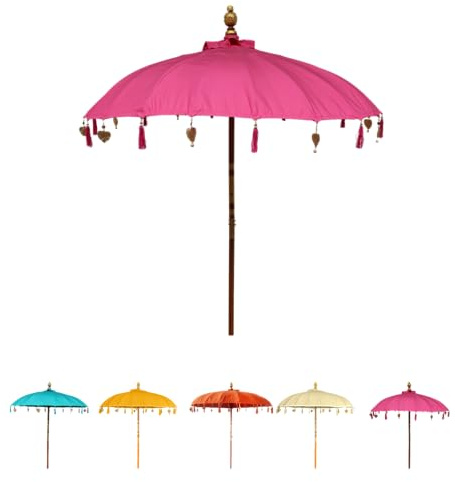 Klocke Dekorationsbedarf Bali Sonnenschirm Ø 185 cm - Handgefertigter Gartenschirm mit Herz-Anhängern & Quasten Exotischer Marktschirm für Garten, Terrasse & Sommerparty