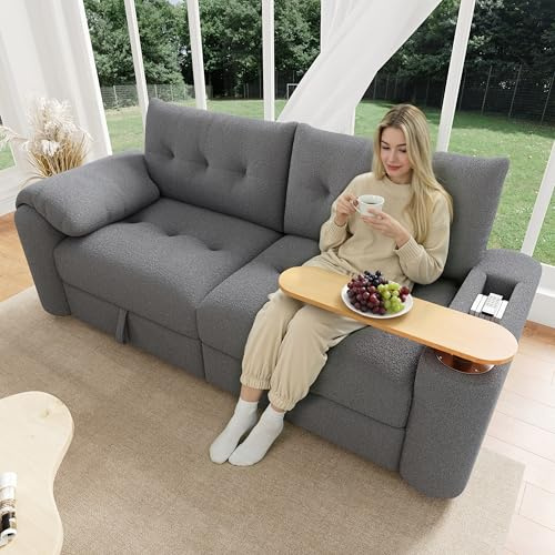 Merax 2 Sitzer Sofa mit Stauraum Praktisches Klein Couch mit Kopfstütze & integriertem Beistelltisch, Polstersofa aus Teddy-Samt, für Wohnzimmer/Schlafzimmer/Wohnung, Grau