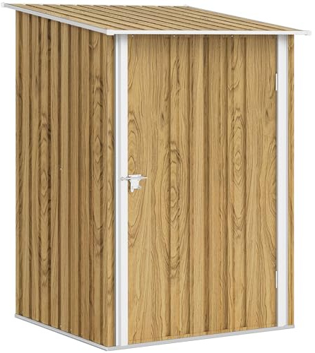 Outsunny Casetta da Giardino 0.92m², Marrone Chiaro Effetto Legno | Acciaio Zincato, Capanno Porta Attrezzi, Tetto Inclinato, Porta Battente Bloccabili, Armadio da Esterno, 100x104x160cm