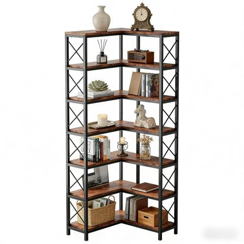 Eckregal mit X-förmigen Streben – Bücherregal 7-stöckig aus Metall & Holz, industrielles Standregal mit 14 Fächern als Raumteiler & Vitrine für Wohnzimmer Flur, 61x61x202 cm Schwarz/Rustikal Braun
