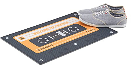 Relaxdays Retro Doormat, Non-Slip Audio Cassette Dirt Catcher, Tape Door Mat, PVC, 40x60cm, Black/Orange