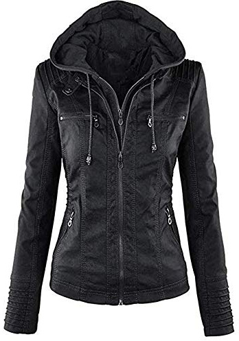 Newbestyle Damen Kunstlederjacke mit Kapuze, gesteppt,Schwarz,M