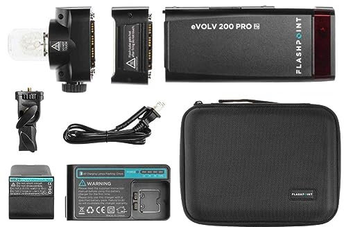 Flashpoint eVOLV 200 Pro TTL Pocket Flash Kit for Camera Strobe Light Photography, 200Ws, 1/8000 HSS, 500 Full Power Flashes, 0.01-1.8s Recycling w/2900mAh Battery, Bare Bulb/Speedlite Flash Head