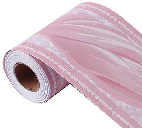 sourcing map Wall Paper Border Self Stick Wall Covering PVC Floor Borders for Kitchen Bathroom Bedroom Wall Decor Paper, Wave Pattern Pink, 3.94 Inch by 32.8 feet
