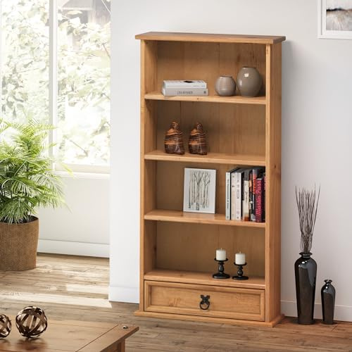 Corona Solid Wood Pine DVD Storage Unit 1 Drawer Wooden Bookcase Small Slim Living Room CD Media Rack Lounge Hallway Bedroom Mexican Style 103cm High 52cm Wide 18cm Deep