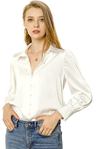Allegra K Women's Satin Blouse Puff Sleeve Point Collar Vintage Button Up Shirt, White, S