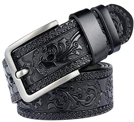 PACDE Western Men Genine Leather Cowskin Jeans Emboss Belt (Black, 110cm)…