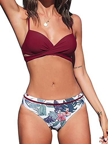 CUPSHE Damen Bikini Set Wickeloptik Push Up Bikini Bademode Blumenmuster Zweiteiliger Badeanzug Swimsuit Weinrot S