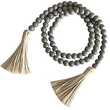 Wood Bead with Tassels Summer Rustic Garland Farmhouse Country Decor Tiered Tray Decorations Spring Beads Woven Tassel Wall Hanging Shelf Decor Natural Wooden Prayer Beads Home Decor Black/Grey