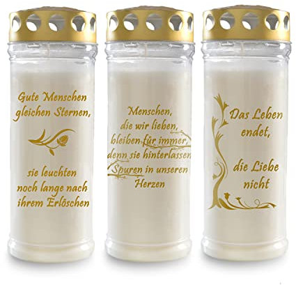Kimiza 3er Set Gedenkkerze, Grabkerze, Brenndauer ca. 7 Tage (weiss-gold Schrift)