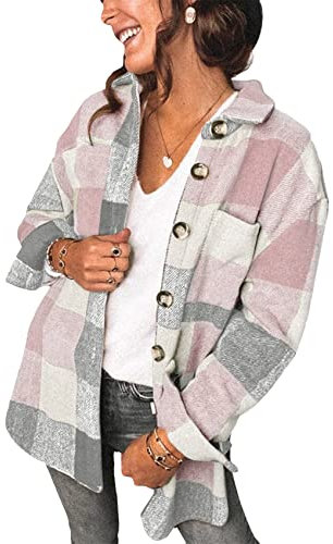 YMING Femmes Casual Laine Mélangée Plaid Chemise Veste Manches Longues Bouton Duvet Lâche Shacket Manteau Carré À Carreaux Plaid Revers Chemise Veste Poche Avant Rose L
