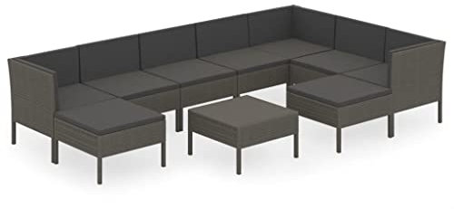 vidaXL Gartenmöbel 10-TLG. mit Auflagen Sitzgruppe Sofa Lounge Garten Garnitur Gartenset Gartensofa Mittelsofa Ecksofa Fußhocker Tisch Poly Rattan Grau