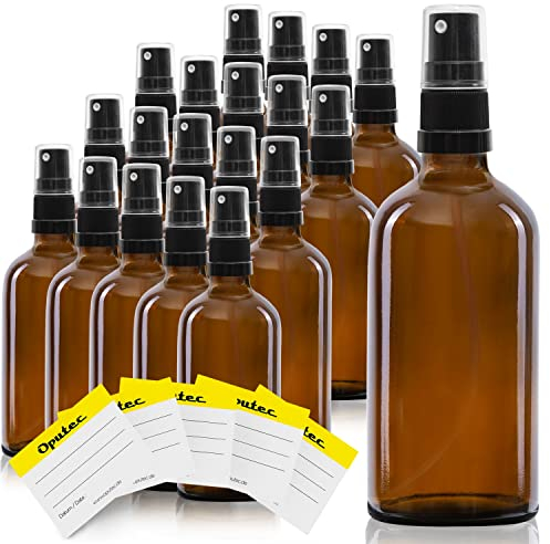 Oputec 20 pulverizadores de cristal con atomizador de 100 ml, botellas de cristal marrón con cabezal de pulverización fino + 20 etiquetas de identificación. Pequeña botella de espray para rellenar