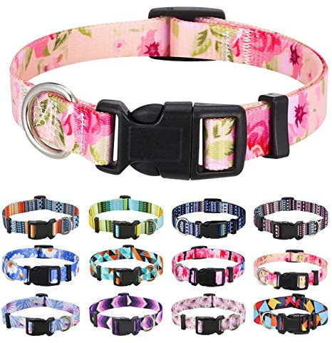 Mihqy Collier pour Chien, Motif Tendance avec Boucle à dégagement Rapide, Bohème, Fleur, Géométrique, Tribal Design, Collier Classique, pour Petits, Moyens et Grands Chiens(Rose Rose,XS)