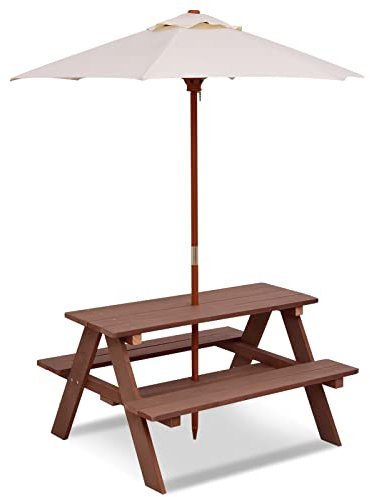 Maxmass Kids Picnic Table Bench Set, Children 4 Seat Activity Play Table with Removable & Folding Umbrella, Wooden Table & Chair Sets for Garden, Courtyard, Home, Lawn (89 x 79 x 50cm, Brown)