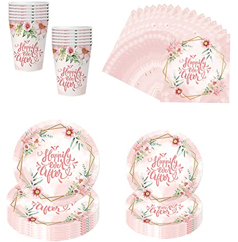 ZOOMPIL Assiette Baby Shower Fille, 68 pièces Vaisselle Carton Bapteme Fille, assiettes en papier de mariée florale rose tasses serviettes fête vaisselle décor pour 16 invités