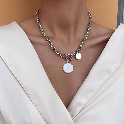 TseenYi Punk Chunky Toggle Halskette Silber Disc Anhänger T Verschluss Halskette Kreis Opal Anhänger Halskette Schmuck Für Frauen Und Mädchen Geschenke