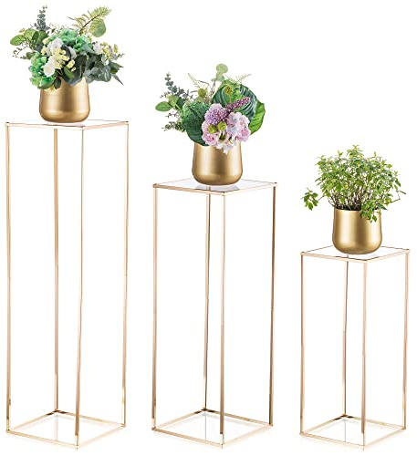 Inweder Gold Flower Stand Wedding Centrepieces - 3 Pcs Metal Plant Stand with Acrylic Panel Tall Floor Vase Column Vases for Centerpieces Geometric Flower Rack for Table Centrepiece Party Home Decor
