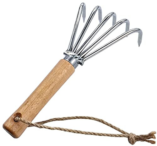 GAOGE Rastrillo de mano, herramienta de excavación de acero con mango de madera para trasplante de jardín, excavación de precisión y nivelación del suelo, mango corto/5 picos cortos, plateado