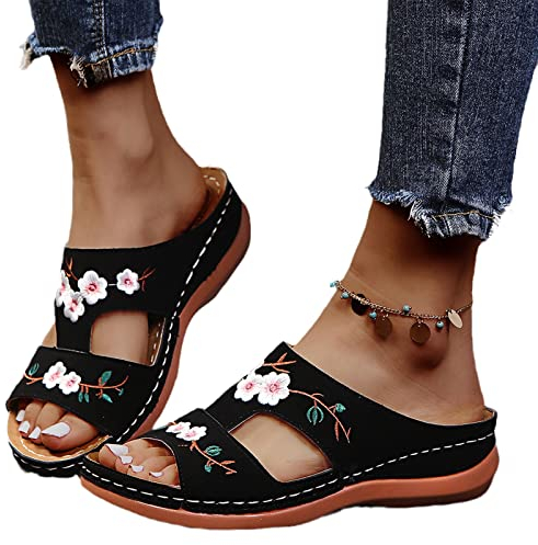 Damen Orthopädische Sandalen Vintage Blumenstickerei Schlappen 2023 Sommer Peep Toe Hausschuhe Keil PU-Leder Pantoffeln Gummi Plateau Pantoffeln Freizeit Strandschuhe ( Color : Black , Size : 35 EU )