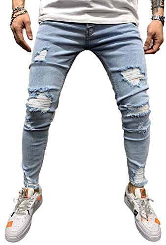 Osheoiso Jean Troué Homme Skinny Casual Slim Fit Pantalon Denim Styles Déchiré Sport Trousers avec Fermeture Éclair Casual Pants Trekking Outdoor Cargo Vintage E4 S