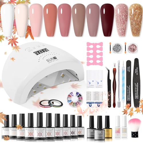 RSTYLE UV Nagellack Set Starterset mit Lampe 48 W UV/LED, 15 pcs Nagelset Starterset GelnägelNagellampe UV Gel Nagel Set with Top & Base Coat Soak Off Nail Art Maniküre rot Lampe mit Sockel