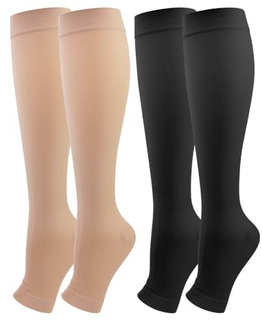 2 Paar Medizinische Kompressionsstrümpfe Damen & Herren 20-30 mmHg, Klasse 2, Offene Spitze Abgestufte Unterstützung Stützstrümpfe für Krampfadern Ödeme Flug (Schwarz+Beige, L)