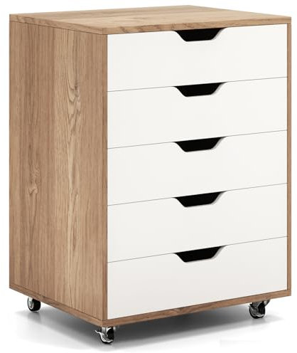 SFAREST Mobile File Cabinet, Lateral Stationery Vertical Rolling Storage with Lockable Wheels, Wooden Under Desk Storage Cabinets for Home Office (Natural, 5 Drawers)